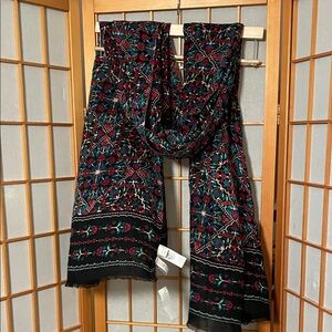 LOFT Black Floral Embroidered Detail Scarf Teal & Burgundy Accents One Size NWT